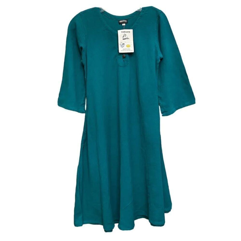 GANESH HIMAL Namaste Dress Womens Small Kazuri Nepal 3/4 Sleeves Cotton Midi NWT - Picture 2 of 11